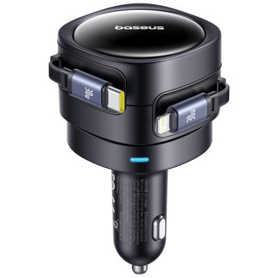2. Ładowarka samochodowa Baseus Enjoyment Max 60W ze zwijanymi kablami USB-C i Lightning - czarna