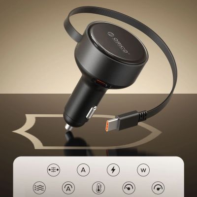 12. Ładowarka samochodowa Orico FC-60-2C 60W ze zwijanym kablem USB-C 65 cm - czarna