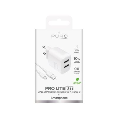 2. Ładowarka sieciowa Puro PROLITE 10W 2x USB-A + kabel USB-A - USB-C 1.2m - biała