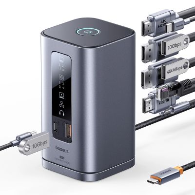 3. Stacja dokująca Baseus Spacemate RD1 hub 11w1 USB-C - 2xHDMI 4K@60Hz 2xDP 4K@60Hz 2xUSB-A 10Gb/s USB-C 10Gb/s RJ45 USB-A 480Mb/s USB-C PD mini jack 3.5mm ładowarka EU - szara