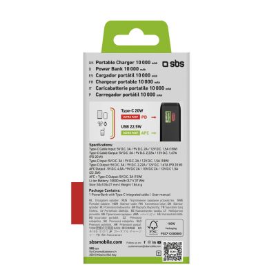 3. Powerbank SBS 20000 mAh 20 W z wbudowanym kablem USB-C i wyświetlaczem cyfrowym - czarny