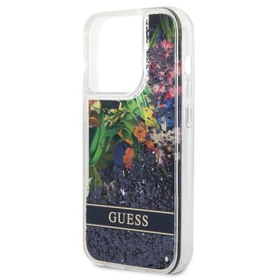 6. Etui Guess Flower Liquid Glitter na iPhone 14 Pro - niebieskie