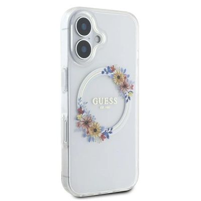4. Etui Guess IML Flowers Wreath MagSafe na iPhone 16 - przezroczyste