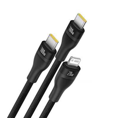 3. Kabel 3w1 Baseus Flash Series 3 100W USB-C - USB-C+USB-C+Lightning 1,5m + 3 x 0,25 m - czarny