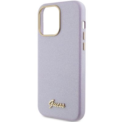 6. Etui Guess Glitter Glossy Script do iPhone 15 Pro Max - liliowe