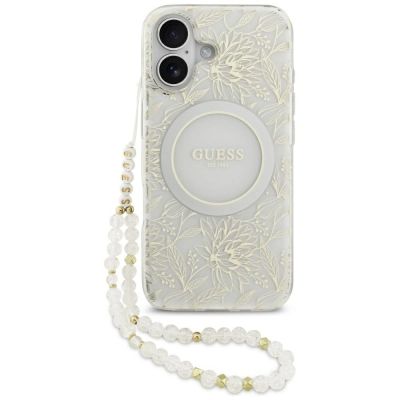 Etui Guess IML Flowers Electro Pearl Strap MagSafe na iPhone 17 - białe