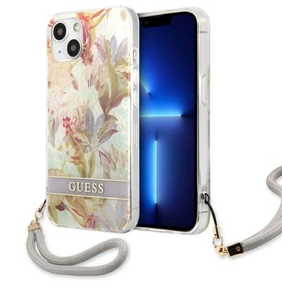 Etui Guess Flower Strap na iPhone 13 mini - fioletowe