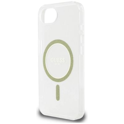 6. Etui Guess IML Glitter Circle MagSafe na iPhone 16e - przezroczyste
