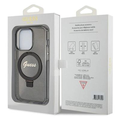 8. Etui Guess Ring Stand Script Glitter MagSafe na iPhone 14 Pro Max - czarne