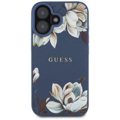 3. Etui Guess Grained Printed Flower Pattern MagSafe do iPhone 16 niebieski