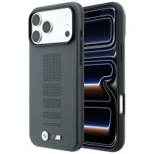 Etui BMW M Blue Perfo Metal Logo MagSafe na iPhone 18 Pro / 17 Pro - szare