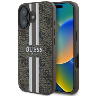 9. Etui Guess 4G Printed Stripes MagSafe na iPhone 16 - brązowe