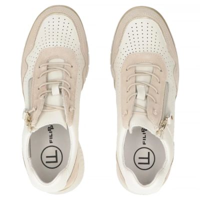 5. Skórzane sneakersy damskie na koturnie ażurowe beżowe Filippo  DP7605