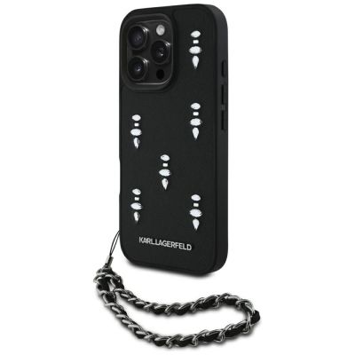 Etui Karl Lagerfeld Saffiano Crystals  w/Chain na iPhone 16 Pro - czarne