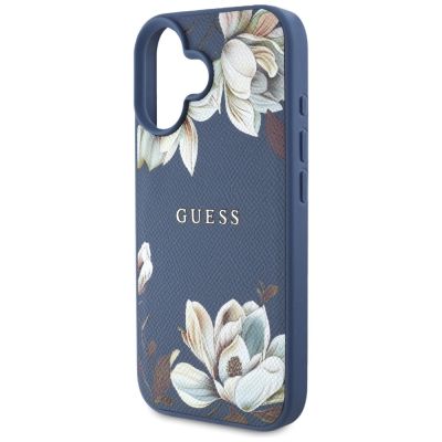 6. Etui Guess Grained Printed Flower Pattern MagSafe do iPhone 16 niebieski
