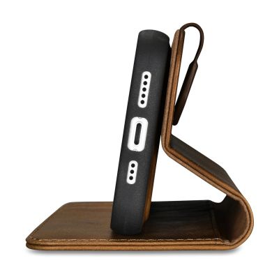 8. iCarer Oil Wax Wallet Case 2in1 etui iPhone 14 Pro skórzany pokrowiec z klapką Anti-RFID brązowy (WMI14220722-TN)