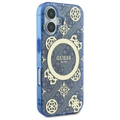 4. Etui Guess IML Peony On 4G Background MagSafe na iPhone 16 - niebieskie