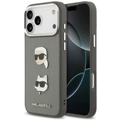 Etui Karl Lagerfeld FW Grained Karl & Choupette Heads Pins & Logo na iPhone 17 Pro Max - szare