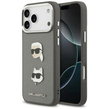 Etui Karl Lagerfeld FW Grained Karl & Choupette Heads Pins & Logo na iPhone 17 Pro Max - szare