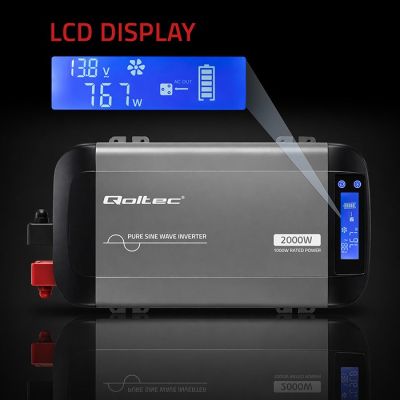 6. Qoltec Przetwornica napięcia Pure Sine Wave | 12V na 230V | 1000/2000W | LCD | USB | USB-C | Kompatybilna z LiFePO4 GEL AGM