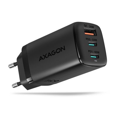 11. AXAGON ACU-DPQ65 Ładowarka sieciowa, GaN 65W, 3x port (USB-A + dual USB-C), PD3.0/QC4+/PPS/Apple