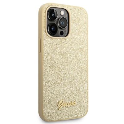 4. Etui Guess Glitter Script na iPhone 14 Pro - złote