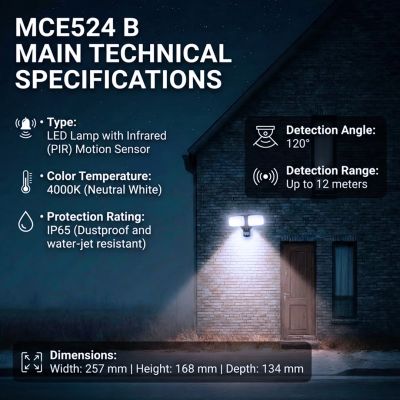 3. MACLEAN ŚCIENNA LAMPA LED, Z CZUJNIKIEM PIR, 20W, 1500LM, IP65, NEUTRAL WHITE 4000K, CZARNA MCE524 B