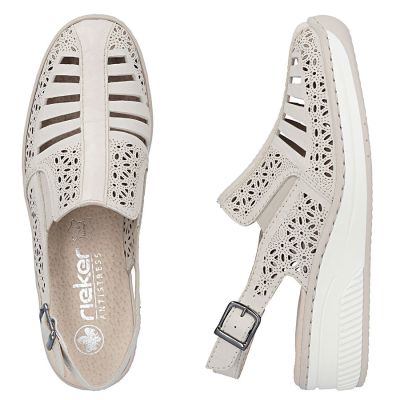 4. Skórzane sandały damskie na koturnie beżowe Rieker 48763-60