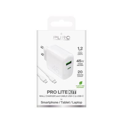 2. Ładowarka Puro Daily Prolite 45W USB-C USB-A Power Delivery z kablem USB-C - biała