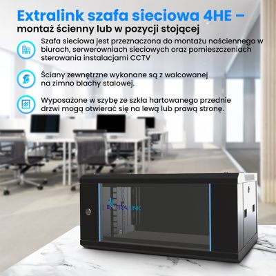15. Extralink Szafa rack 4U 600x450 Czarna montowana na ścianie