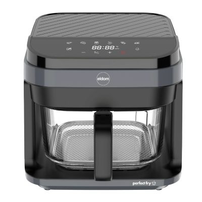 12. ELDOM FRYTKOWNICA BEZTŁUSZCZOWA FR500 5,5 L 1200W SZKLANY POJEMNIK, RUSZT, SILIKONOWA PODKŁADKA, 8 PROGRAMÓW, REGULACJA TEM.
