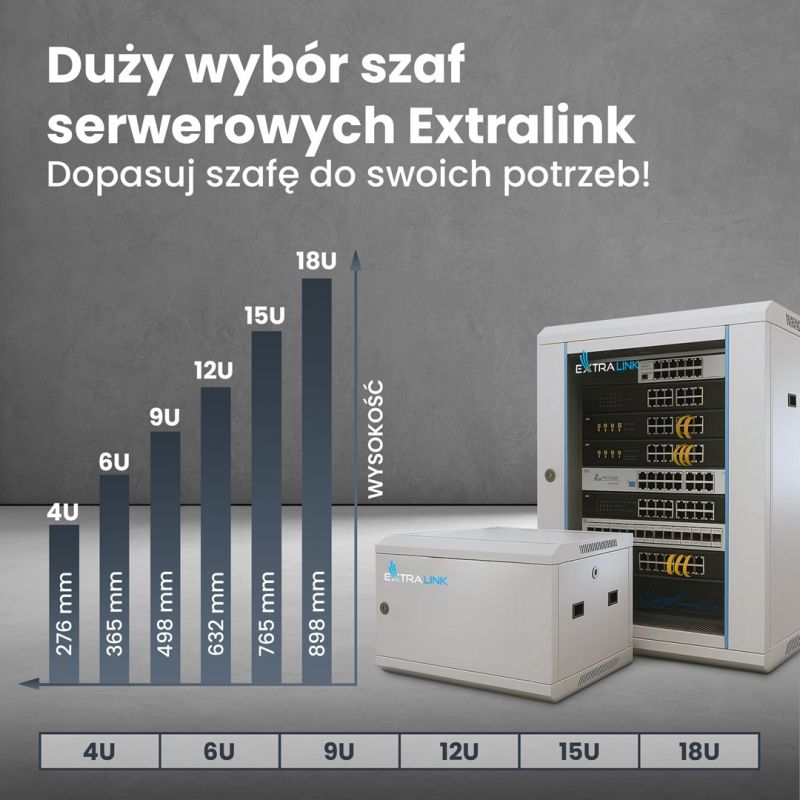 7. Extralink Szafa rack 9U 600x600 ASP Szara montowana na ścianie, drzwi blaszane pełne