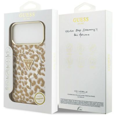 8. Etui Guess IML Leopard Glitter Triangle Logo MagSafe na iPhone 17 Pro Max / 18 Pro Max - brązowe
