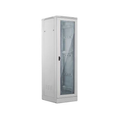 Szafa 24U 600x600, drzwi przednie szklane, drzwi tylne metalowe pełne, zamek, 4 belki nośne, cokół w zestawie, do samodzielnego montażu, kolor szary, ALANTEC
