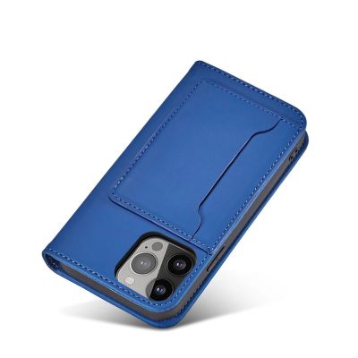 8. Magnet Card Case etui iPhone 14 pokrowiec z klapką portfel podstawka niebieskie