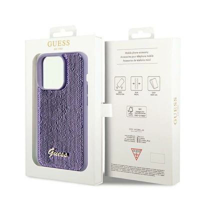 9. Etui Guess Sequin Script Metal na iPhone 14 Pro - fioletowe