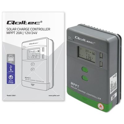 7. Qoltec Solarny regulator ładowania MPPT z czujnikiem temperatury 20A |12V / 24V | LCD | 2 x USB