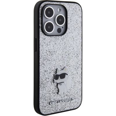 4. Etui Karl Lagerfeld Fixed Glitter Choupette Logo Metal Pin do iPhone 15 Pro Max - srebrne