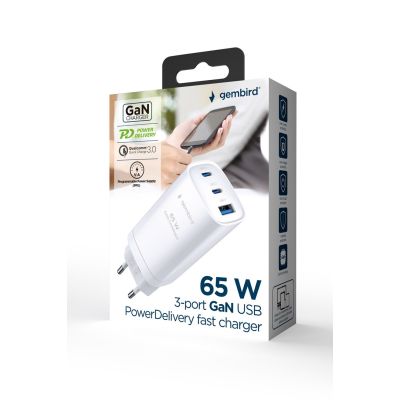 5. GEMBIRD SZYBKA ŁADOWARKA USB POWER DELIVERY USB TYPU C, 3X USB, 65 W, GAN BIAŁA