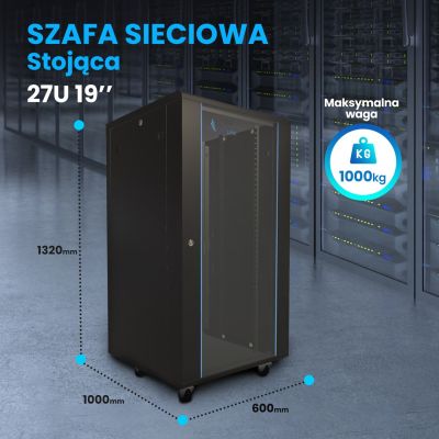 7. Extralink - szafa stojąca 19" 27U 600x1000 Czarna flat-pack