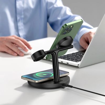 9. Baseus Swan ładowarka indukcyjna (kompatybilna z MagSafe) stojak do iPhone, Apple Watch, AirPods + kabel USB-C 1m czarny (WXTE000101)