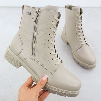 2. Skórzane wodoodporne botki damskie workery beżowe Rieker Remonte  D2S72-60