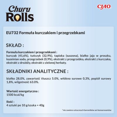 5. INABA Churu Rolls Tuńczyk z przegrzebkami - przysmak dla kota - 4x10 g