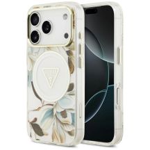 Etui Guess IML Glitter Flowers Triangle MagSafe na iPhone 18 Pro Max / 17 Pro Max - białe