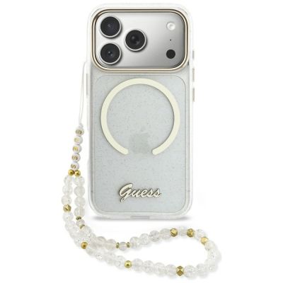 Etui Guess IML Glitters Script Strap MagSafe na iPhone 17 Pro - przezroczyste