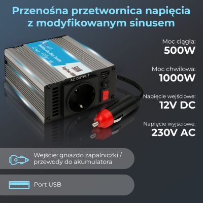 19. Przetwornica samochodowa Extralink OPIM-500W 12V 500W modyfikowany sinus