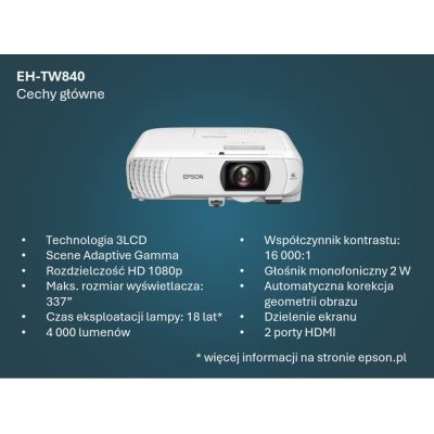 9. Epson EH-TW840 4000 ANSI lumenów 3LCD 1080p (1920x1080) Biały