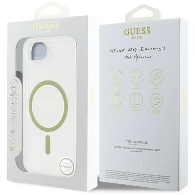 8. Etui Guess IML Glitter Circle MagSafe na iPhone 16e - przezroczyste