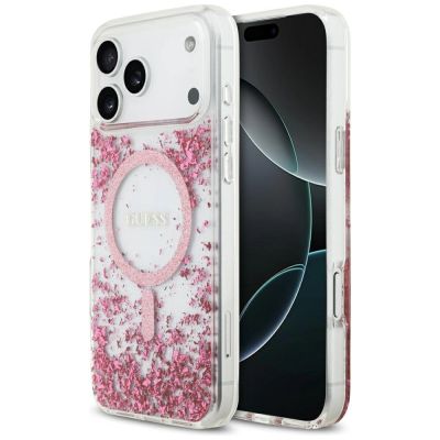 Etui Guess Resin Bottom Glitter MagSafe na iPhone 17 Pro Max - różowe