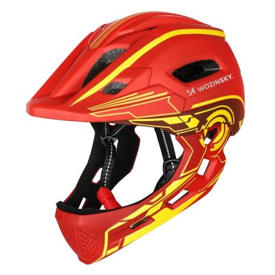 Kask rowerowy fullface dziecięcy Wozinsky z tylną lampką USB 52-56 cm - czerwono-żółty